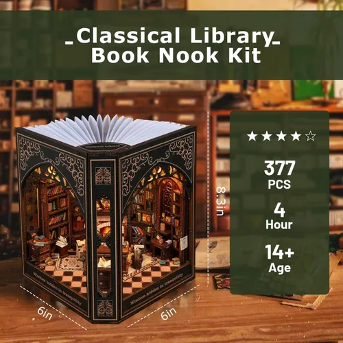 Vista 2 de Nookmaster Kit de rincón de libros – Biblioteca clásica en miniatura para casa de muñecas para libros con luces LED, regalo creativo de bricolaje