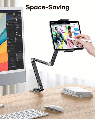 Vista 7 de OMOTON GH03 - Soporte para tablet con rotación de 360°, soporte de teléfono de brazo largo de aleación de aluminio GH03 con 2 abrazaderas de Negro