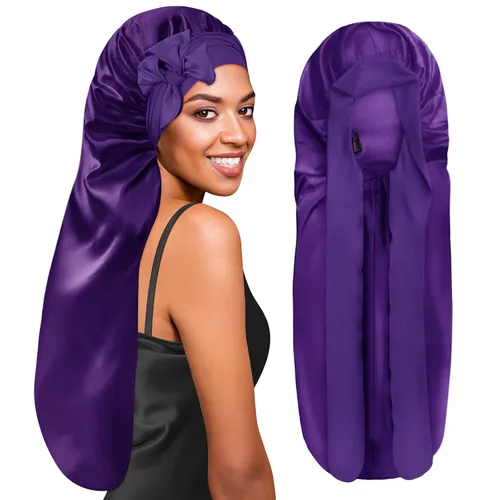 Vista 14 de BONNET QUEEN Gorro de Trenza de Seda Gorro Plegable Extra Largo para Trenzas con Banda de Atar, Capó de Satén Largo para Dormir, Verde Oscuro