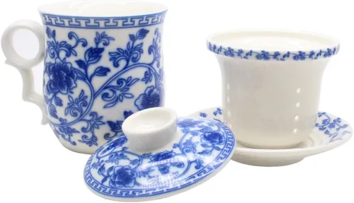 Vista 4 de Taza de té de porcelana con tapa de infusor y juegos de platillo, taza de té de cerámica china Jingdezhen, taza de té de hojas sueltas para oficina