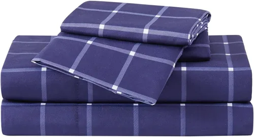 Vista 3 de TRULY SOFT Tattersall - Juego de sábanas Queen de poliéster de 4 piezas, diseño de rayas, para hombres y mujeres, certificado Oeko-TEX Azul