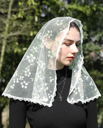 Vista 5 de Mantveil Velo católico de Mantilla de la Iglesia Capilla con forma de triángulo, cubierta de cabeza de encaje, velo de oración de misa española