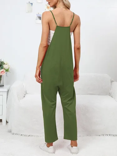 Vista 4 de DEEP SELF Overol suelto casual con cuello en V para mujer, sin mangas, tirantes delgados ajustables, pantalones largos harén, overoles con bolsillos