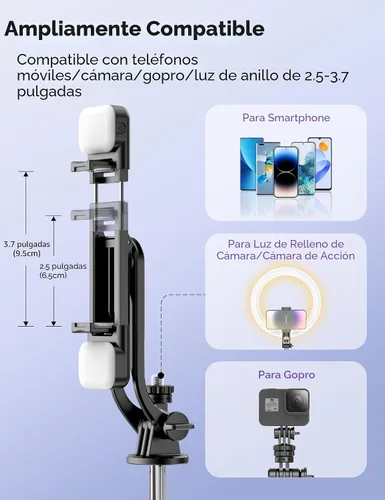 Vista 5 de Trípode para selfie stick de 53 pulgadas con luz, palo selfie extensible con control remoto, soporte de trípode portátil para teléfono celular