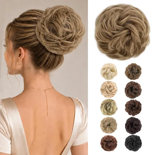 Vista 29 de MORICA Moño desordenado, extensiones de moño sintético para mujeres (rubio beige ceniza)