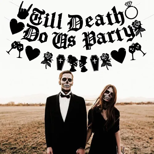Vista 2 de Cartel de fiesta Black Till Death Do Us, cartel de fiesta en inglés antiguo, pancarta de fiesta de boda de Halloween, boda, despedida de soltera