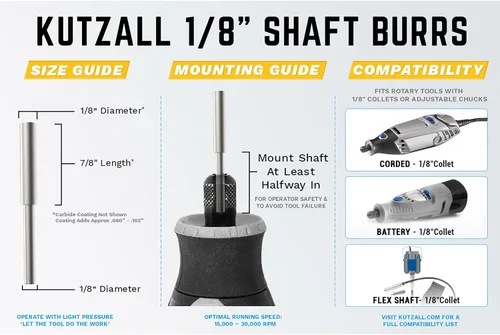 Vista 3 de Kutzall Rebaba cilíndrica extrema, eje de 1⁄8", muy grueso - Accesorio para carpintería para Dremel, Foredom, DeWalt, Milwaukee. carburo