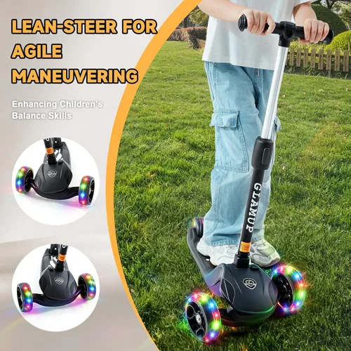 Vista 6 de GLAMUP Patinete para niños de 3 ruedas, manillar ajustable en altura para niños, sistema de inclinación para dirección y mecanismo de fácil plegado