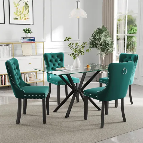 Vista 31 de Juego de comedor moderno de cristal de lujo de 5 piezas, juego de comedor rectangular minimalista para 4, juego de mesa de cocina de vidrio