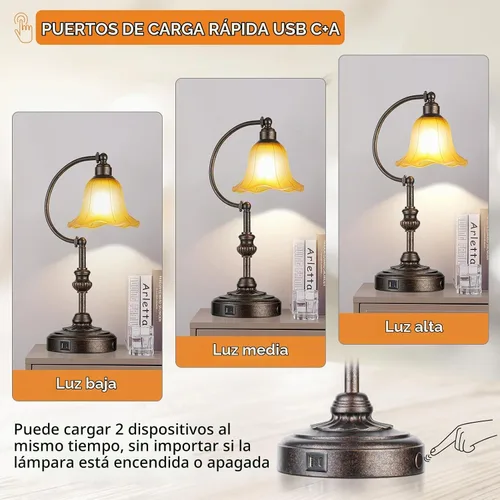 Vista 3 de RORIA Touch Farmhouse - Lámpara de mesa para sala de estar, lámpara de mesa de noche rústica regulable de 3 vías con puertos USB A+C, lámpara retro