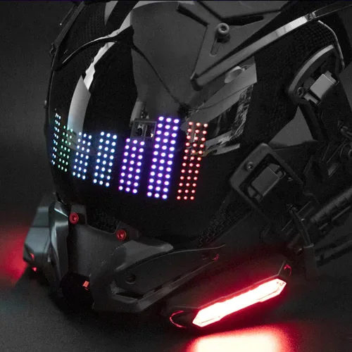 Vista 5 de Cyberpunk - Casco gótico para adultos, máscara LED Bluetooth, tecnología punk futurista, cosplay, Halloween, fiesta, festival de música (negro)