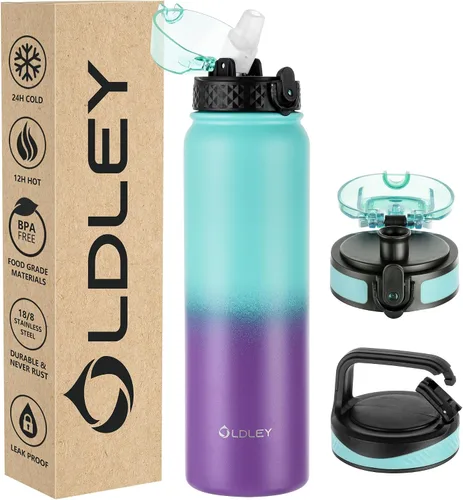 Vista 36 de Botella de agua aislada Oldley de 12 oz con pajita, botella de agua de acero inoxidable con 2 tapas, botellas de doble pared con vacío para adultos