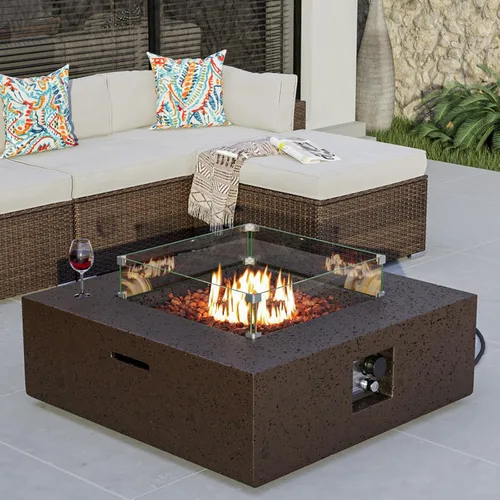 Vista 28 de COSIEST mesa cuadrada de propano para exteriores de arenisca con protector contra el viento, certificada, quemador de acero inoxidable de 50,000