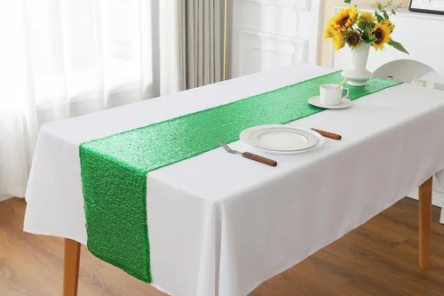 Vista 8 de Paquete de 10 caminos de mesa de lentejuelas verdes de 12 x 72 pulgadas para fiestas, bodas, aniversarios, cumpleaños, banquetes, compromisos