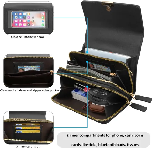 Vista 4 de CrossBody Bolsas con pantalla táctil para teléfono celular, bolsillo con cremallera, bloqueo RFID, tarjetero para iPhone para mujer