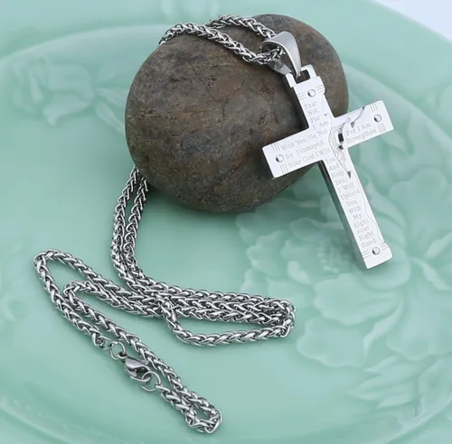 Vista 4 de Hzman -Collar con pendiente para rezo de crucifijo de Jesucristo, de acero inoxidable, para hombres