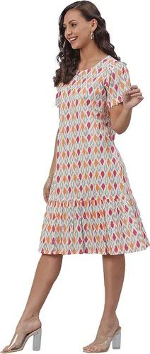Vista 4 de Janasya Vestido de una línea estampado blanco roto para mujer india