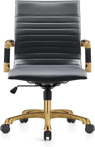Vista 5 de LeisureMod Harris Silla de oficina con almohadilla suave, silla ejecutiva de piel sintética con base de acero dorado, altura ajustable, bloqueo