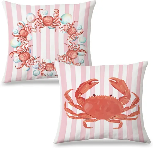 Vista 15 de Fundas de almohada costeras de langosta, fundas de almohada náuticas de langosta roja de Nueva Inglaterra con rayas azules y blancas para casa