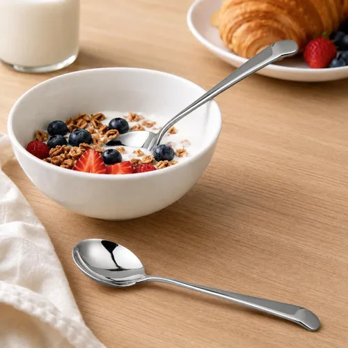 Vista 3 de IMEEA Cucharas de postre de acero inoxidable de 6 pulgadas, cucharas de sopa redondas para arroz, helado y cereales, SUS304, juego de 4