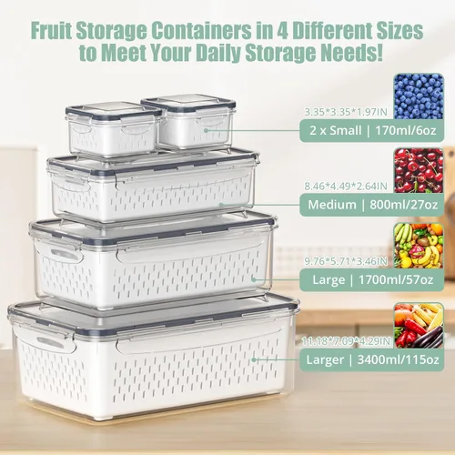 Vista 8 de 5 recipientes de almacenamiento de frutas para refrigerador con colador extraíble y tapa con asa, organizadores y almacenamiento de refrigerador