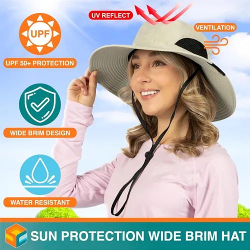 Vista 3 de SUN CUBE Sombrero de ala ancha para hombres y mujeres, sombreros de pesca, protección solar UV, sombrero de pescador, sombrero de pescador