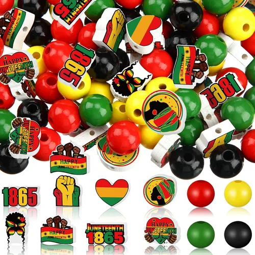 Vista 18 de Fabbay Juneteenth - 200 cuentas de madera de color negro, rojo, verde, amarillo, 1865, adornos de madera del Día de la Libertad con cuerda de cáñamo
