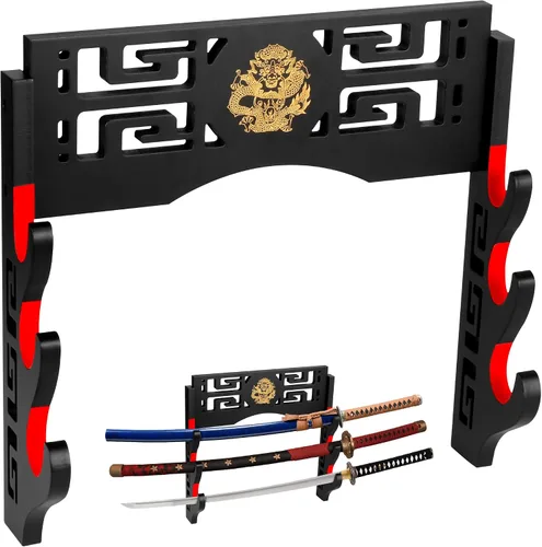 Vista 7 de Alyoen Soporte de pared Katana para espada Samurai con gancho acolchado de terciopelo y patrón de dragón, soporte de espada para sable de luz