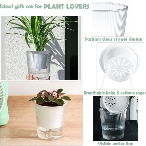 Vista 2 de Pack de 6 Macetas de 11.4 cm de Riego Automático y Transparentes para Plantas de Interior, Macetas de Plástico con Mecha para Orquídeas Medianas