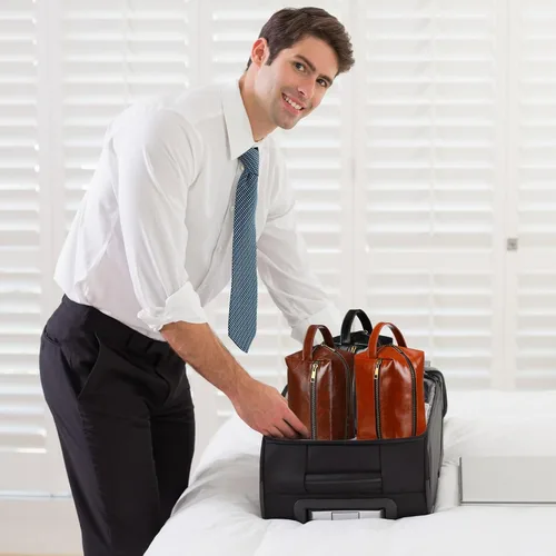 Vista 6 de Hillban 10 piezas de regalo de padrinos de boda bolsa de aseo de cuero para hombre, kit de afeitado de viaje, bolsa de baño, maquillaje, suministros