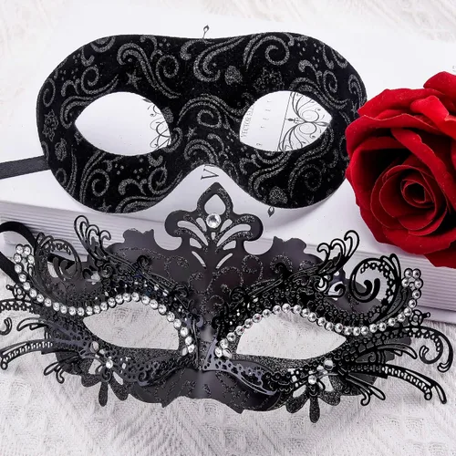 Vista 4 de SIQUK Máscaras de máscaras de metal veneciano para parejas, máscara de disfraz de Halloween, máscara de Mardi Gras para parejas, mujeres y hombres