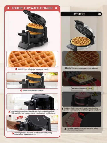 Vista 7 de Máquina para hacer gofres, plancha para gofres belga doble de 1400 W, giro de 180°, 8 rebanadas en 3 minutos, platos giratorios y antiadherentes