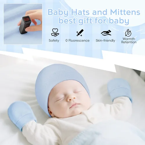 Vista 2 de Zando Gorros y manoplas unisex para bebés, gorro de hospital para recién nacidos, con guantes antiarañazos, conjunto para bebés y niños