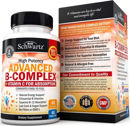 Vista 7 de Complejo de vitamina B con vitamina C para una máxima absorción – Metilcobalamina b12 y folato ácido fólico suplemento – Vitaminas B1 B2 B3 B5 B6 B7