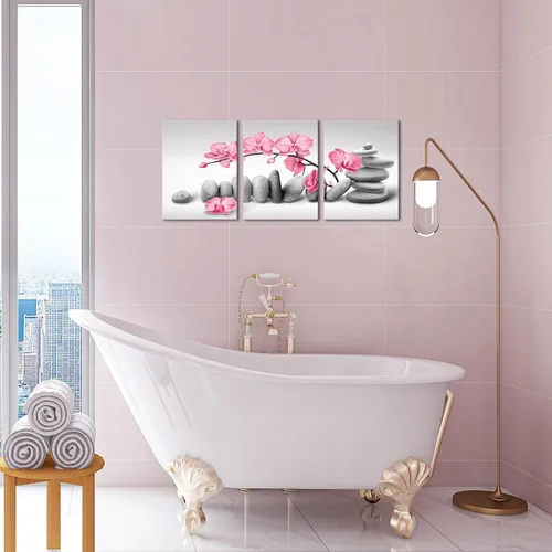 Vista 4 de SkenoArt 3 piezas de pintura de flores de orquídea, arte de pared, piedras zen, rosa, floral, impresiones de imágenes de meditación pacífica, obras