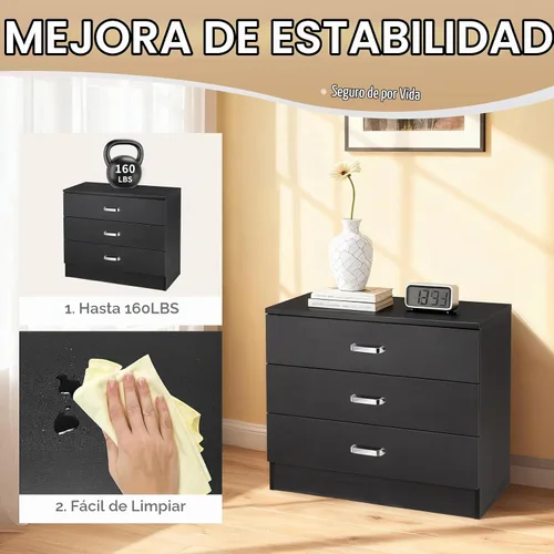 Vista 9 de Vasitelan Cómoda de madera con 3 cajones, cómoda de almacenamiento moderna, mesita de noche de madera para dormitorio, sala de estar (negro)