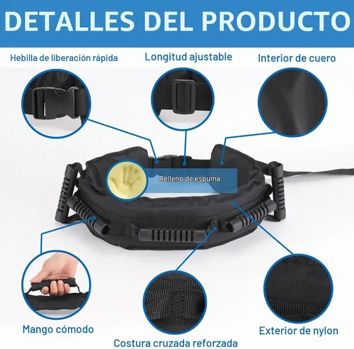 Vista 4 de Cinturón de marcha para personas mayores, cinturón de transferencia con 7 asas acolchadas de nailon Negro