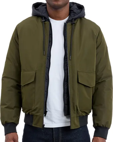 Vista 6 de Michael Kors chaqueta bomber acolchada para hombres con babero estilo chaleco aislante, bomber extra cálida para clima frío