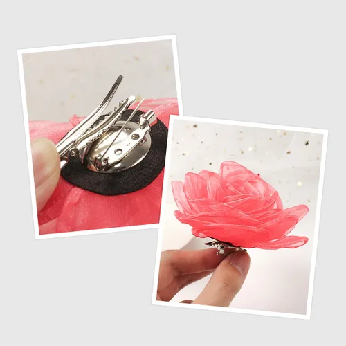 Vista 45 de adorables broches de rosas, clip para el cabello de flores de seda para mujer [joyas], sin metal, Rojo, XOTW05C4