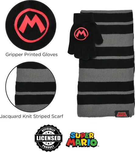 Vista 5 de Nintendo Conjunto de gorro de invierno, bufanda y guantes para niños, Super Mario para edades de 4 a 7 años