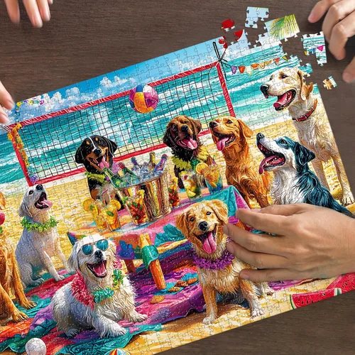 Vista 8 de Rompecabezas para adultos de 1000 piezas, rompecabezas de perro de 1000 piezas – Doggo Beach Bash, rompecabezas de decoración de fiesta