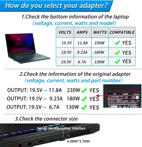 Vista 3 de VHBW 230W Laptop Charger for Asus TUF Rog Compatible with Zephyrus GX701GX GX701GW GX501V GL504G GU501G GU501GM GU502GU GU502LW GU502LWS GU502LU