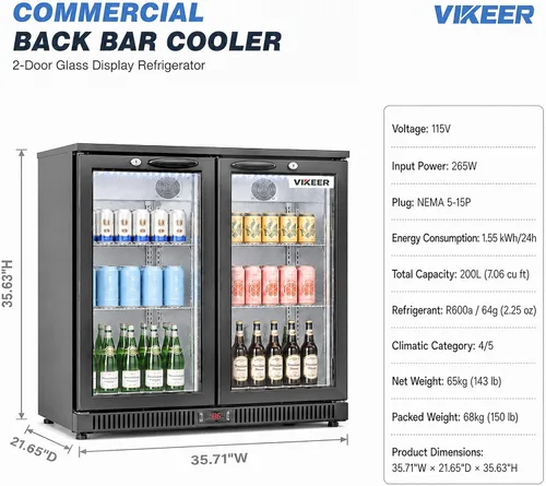 Vista 3 de VIKEER Refrigerador comercial de cristal de la barra posterior de 7.06Cu.Ft