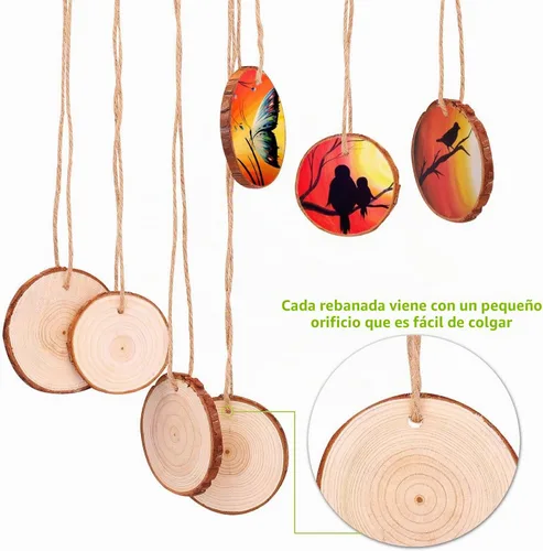 Vista 3 de Fuyit Juego de 30 rodajas de madera de 2.0 a 2.4 pulgadas, sin acabar, con agujero, círculos de madera para artes y manualidades, adornos