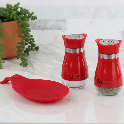 Vista 2 de Juego de cuchara redonda de silicona y coctelera de sal y pimienta de vidrio de 4 oz (rojo)