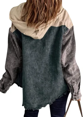 Vista 2 de Ytfsrukp Chaqueta de pana para mujer 2022 con capucha, bloques de color, con bolsillos, camisas de pana con botones