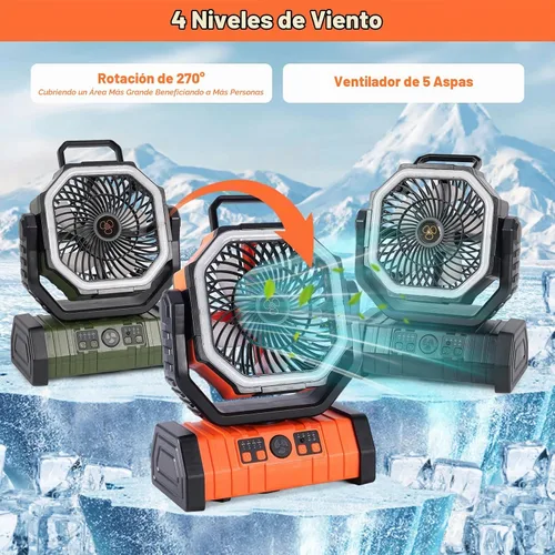 Vista 5 de Ventilador solar de campamento de 20000 mAh con panel solar de 10 W, banco de energía solar recargable para exteriores, linterna LED, tienda de Negro