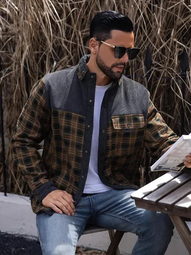 Vista 4 de Zaitun Camisa de franela de pana con forro de sherpa para hombre, chaqueta de manga larga con botones, abrigo de forro polar para hombre con bolsillo