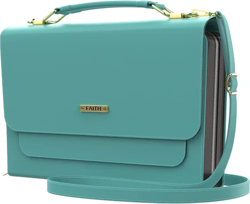 Vista 14 de DEHITE Funda para la Biblia para mujer, bolsa de transporte para la Biblia, ranuras para bolígrafos, bolsillo con cremallera, correa para el hombro