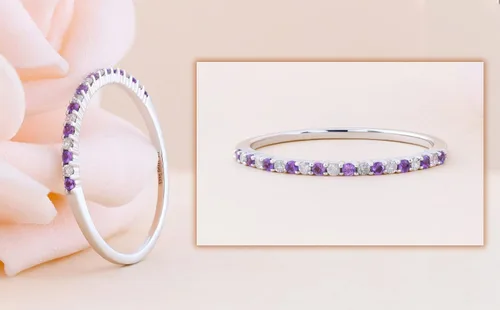 Vista 3 de Anillo apilable redondo de oro de 14 quilates con amatista y diamante blanco para mujer